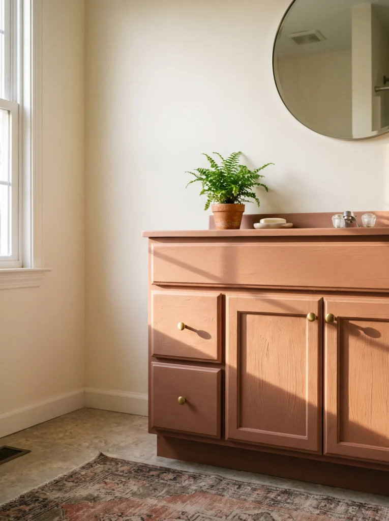 Oak bathroom vanity painted terracotta pink with brass knobs, a small fern in a terracotta pot, and a round mirror above