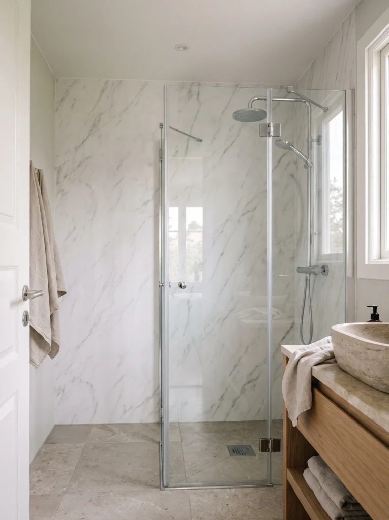 A modern bathroom with white marble-effect wallpaper panels, a glass shower enclosure, a chrome rain shower, and a wood vanity holding a natural stone vessel sink