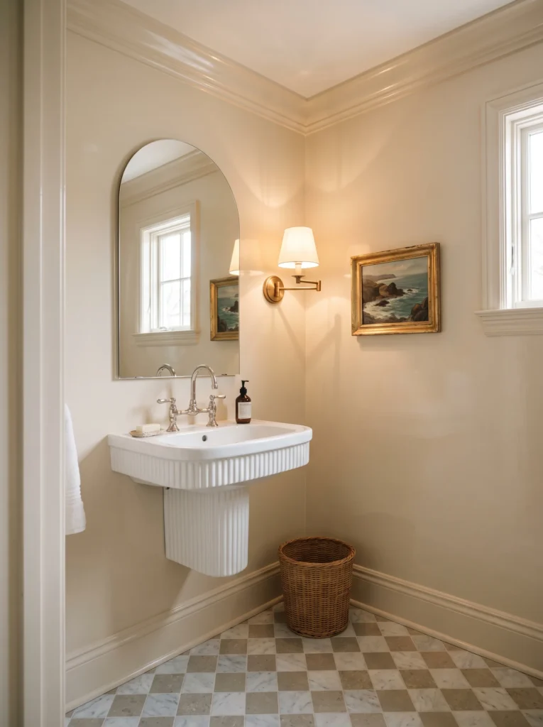 high gloss cream powder room with arched frameless mirror, fluted wall hung sink, and marble checkerboard floor