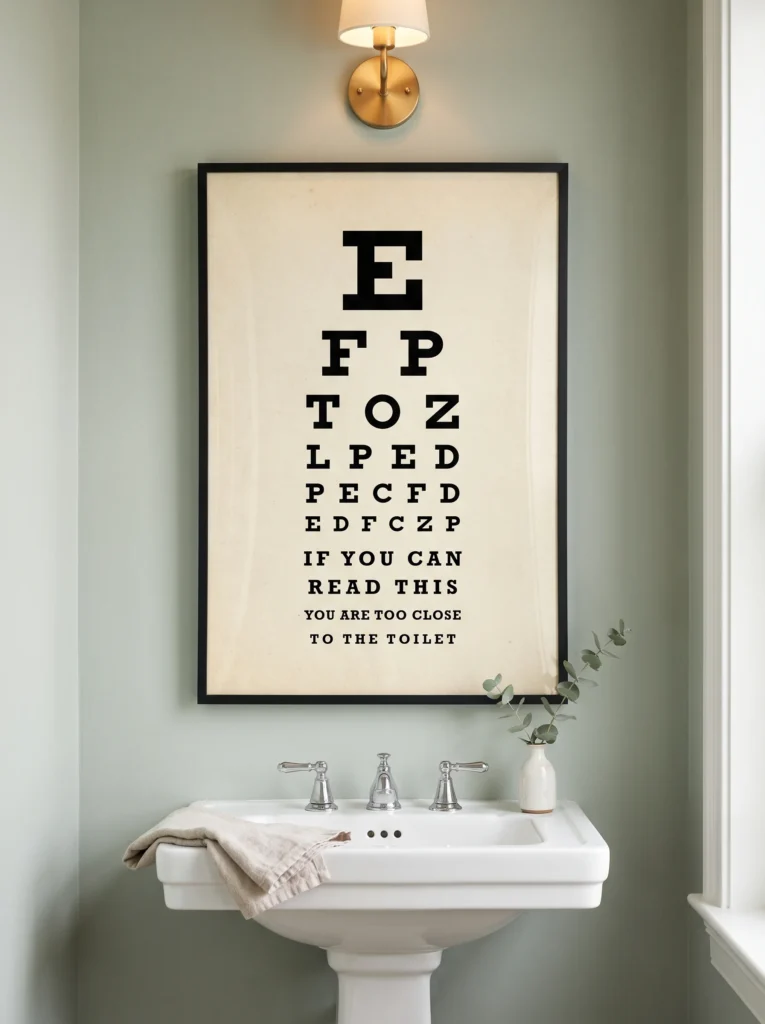 Framed vintage eye chart poster on a sage green wall reading if you can read this you are too close to the toilet above a white pedestal sink