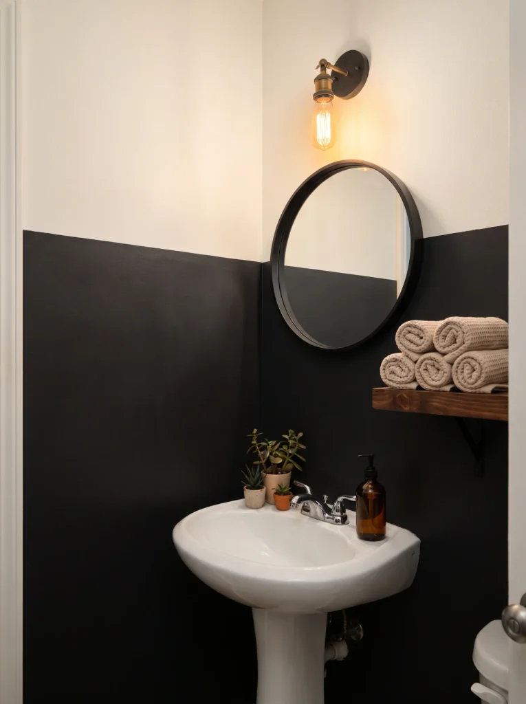 Powder room with walls painted half black and half cream, a round black mirror and a pedestal sink