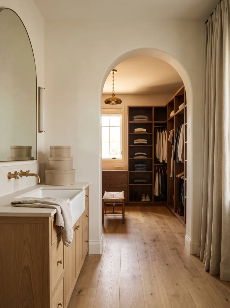 Cream plaster master bathroom with light oak vanity and arched opening leading into a walnut walk-in closet with brass pendant