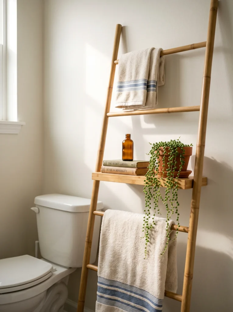 Bamboo ladder shelf leaning against a white wall beside a toilet, holding striped towels, two vintage books, an amber bottle, and a string of pearls plant