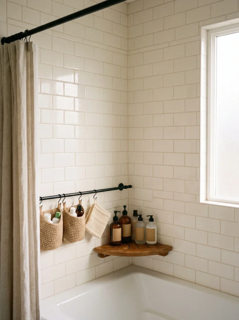 White subway tile tub surround with a low black rod holding woven hanging pouches, a teak corner shelf with amber and frosted pump bottles, and a linen shower curtain