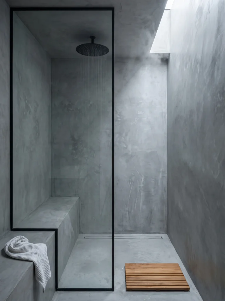 Grey micro-cement wet room shower with black-framed glass panel, ceiling rain head, built-in bench, skylight and teak floor mat