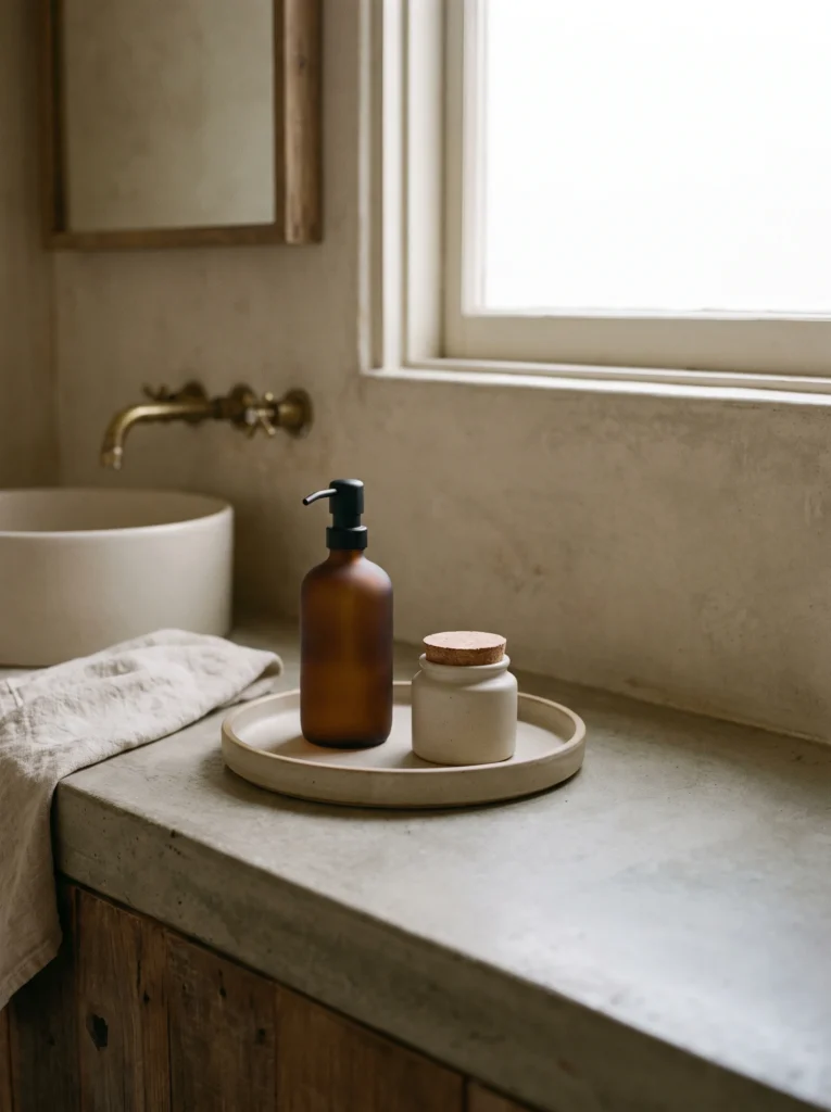 An amber soap dispenser and a small cork-lidded jar on a round ceramic tray on a concrete counter beside a vessel sink