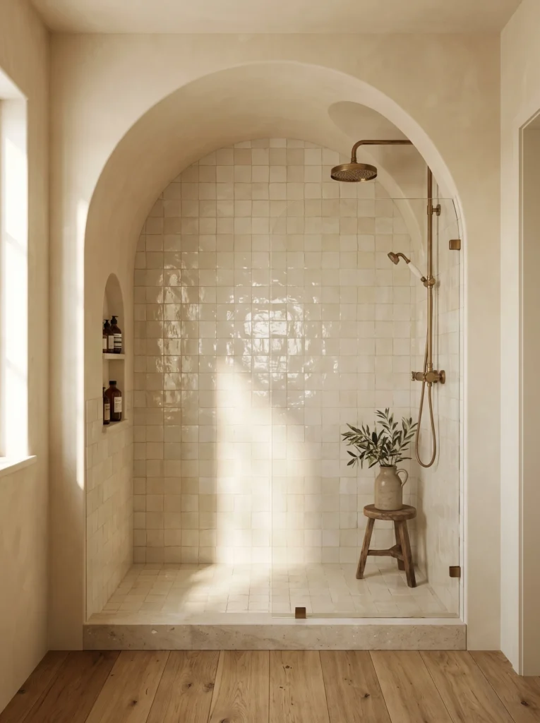 arched plaster shower alcove with cream zellige tile, brass exposed shower, and wooden stool