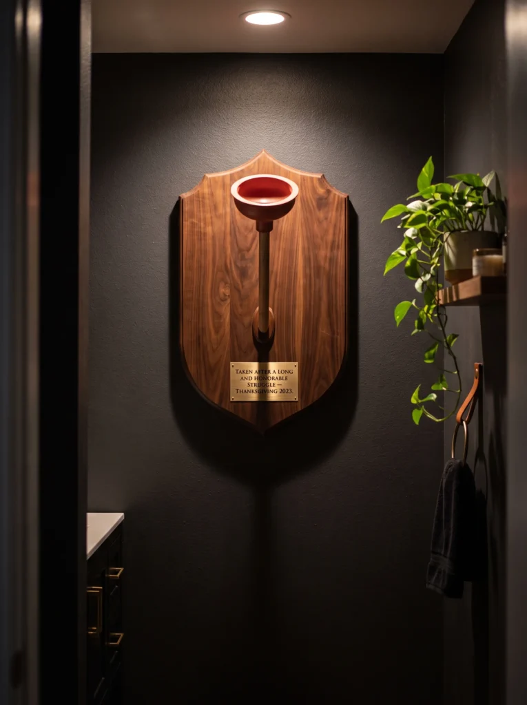  Red plunger mounted on a walnut shield plaque on a dark charcoal wall with a small engraved brass plate beneath it