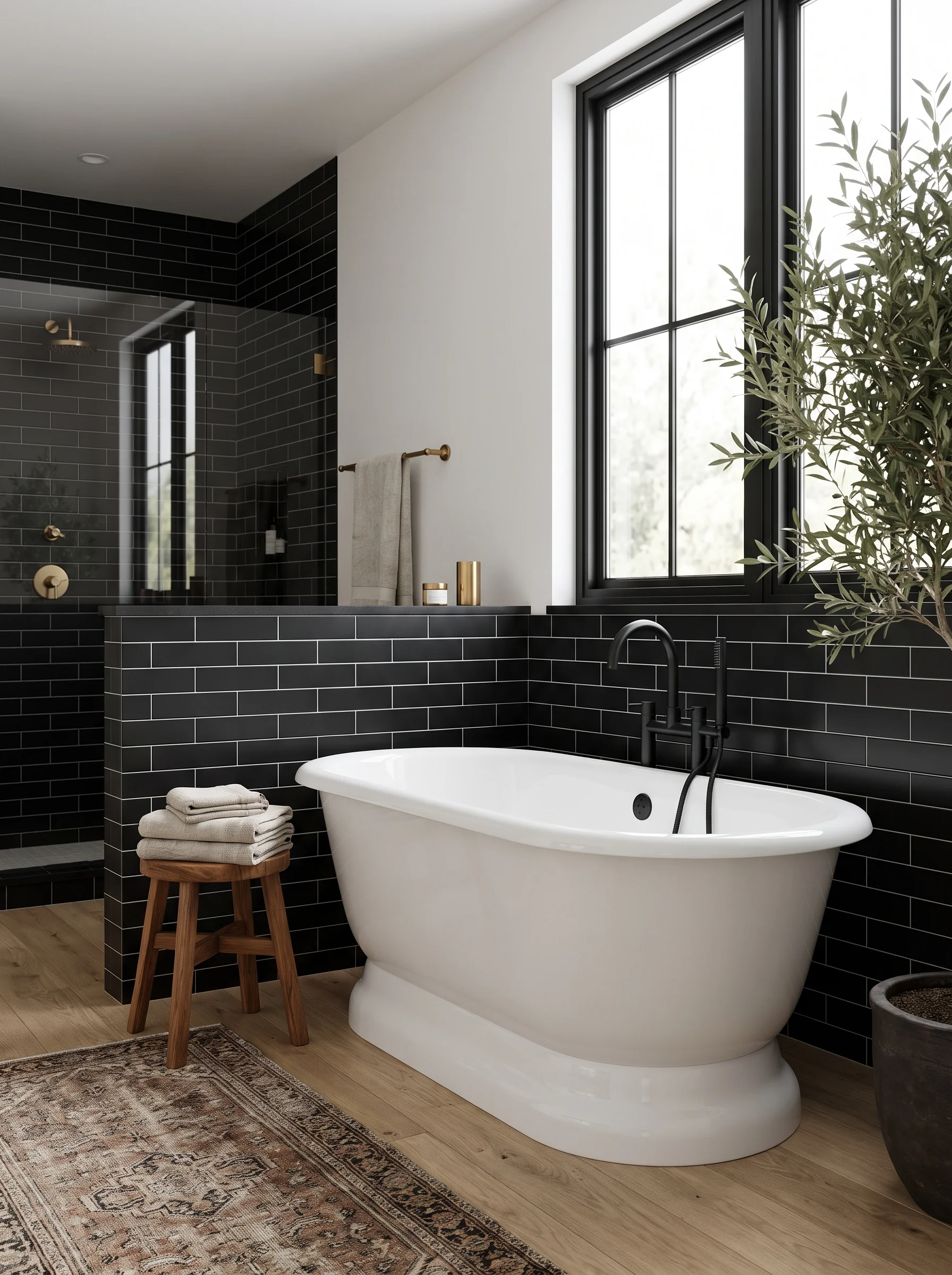 Black subway tile wainscot with a white freestanding pedestal tub and black window frames
