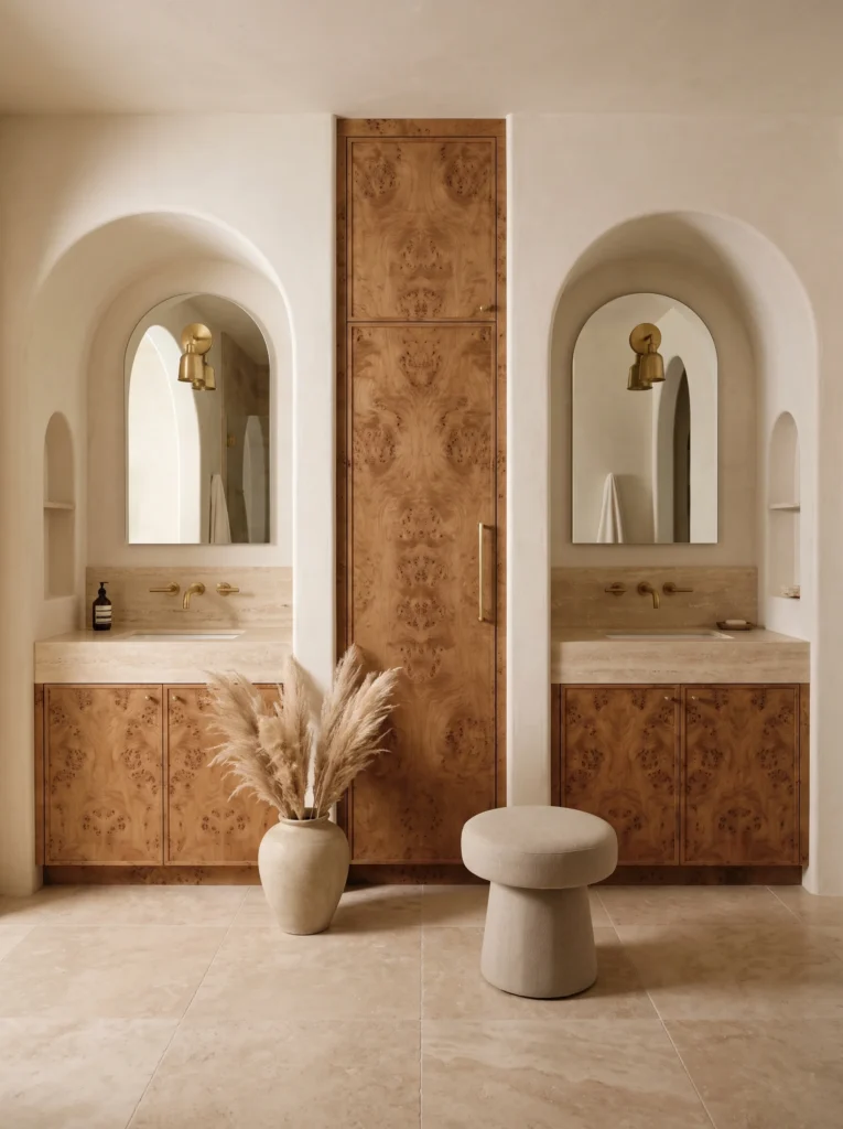 Twin burl wood vanities in arched plaster alcoves with travertine counters, brass sconces, and a tall burl storage cabinet between them