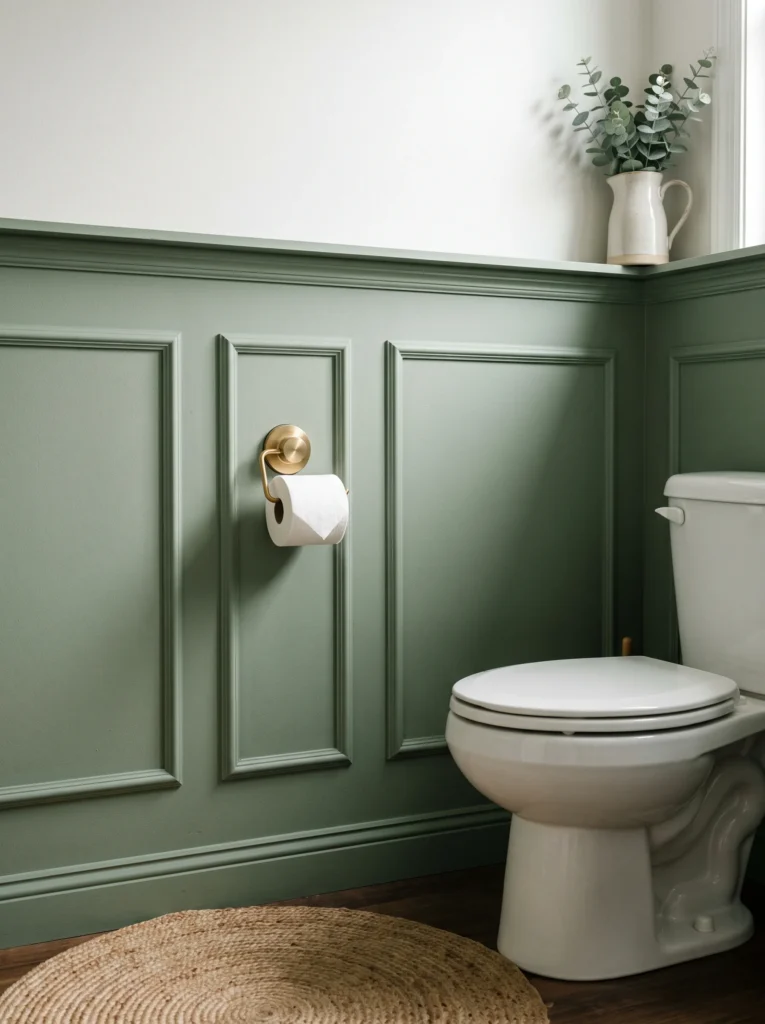 Sage green wainscoting with picture frame molding, a brushed brass toilet paper holder, white toilet, jute round rug, and eucalyptus in a stoneware pitcher