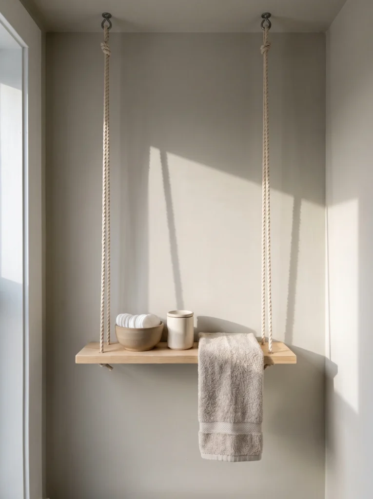 Light wood plank shelf suspended by cream cotton rope from black ceiling hooks against a greige wall, holding a stoneware bowl of cotton rounds and a folded towel