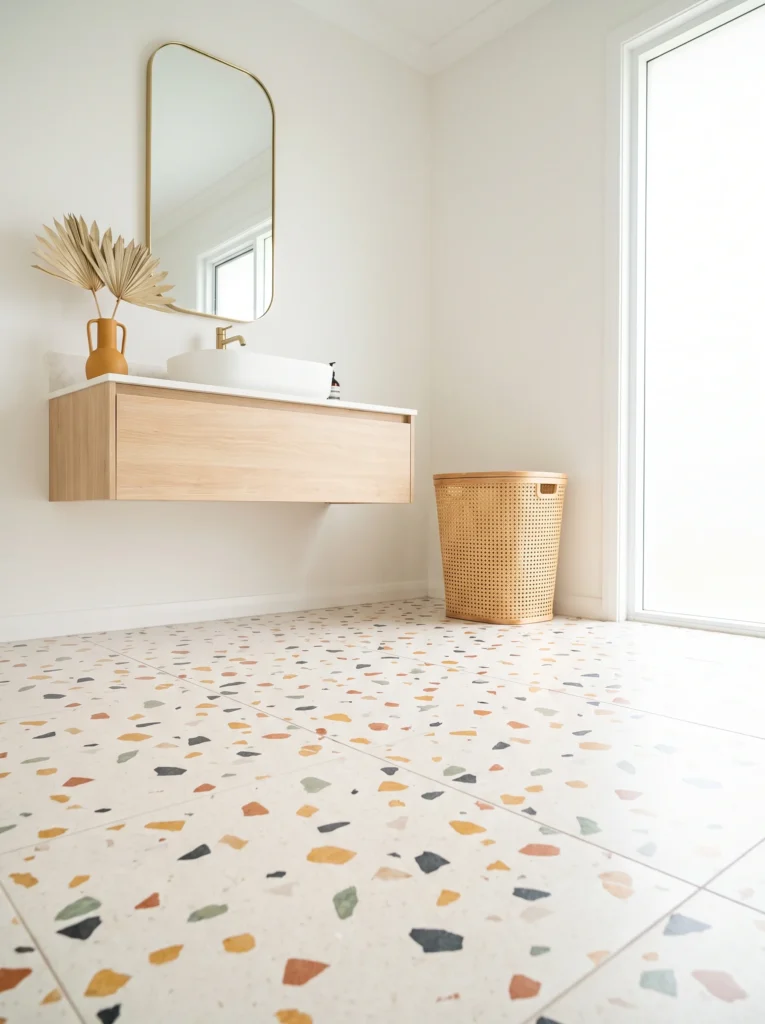 Bright white bathroom with a confetti terrazzo tile floor, oak floating vanity, white vessel sink, gold arched mirror and rattan laundry hamper