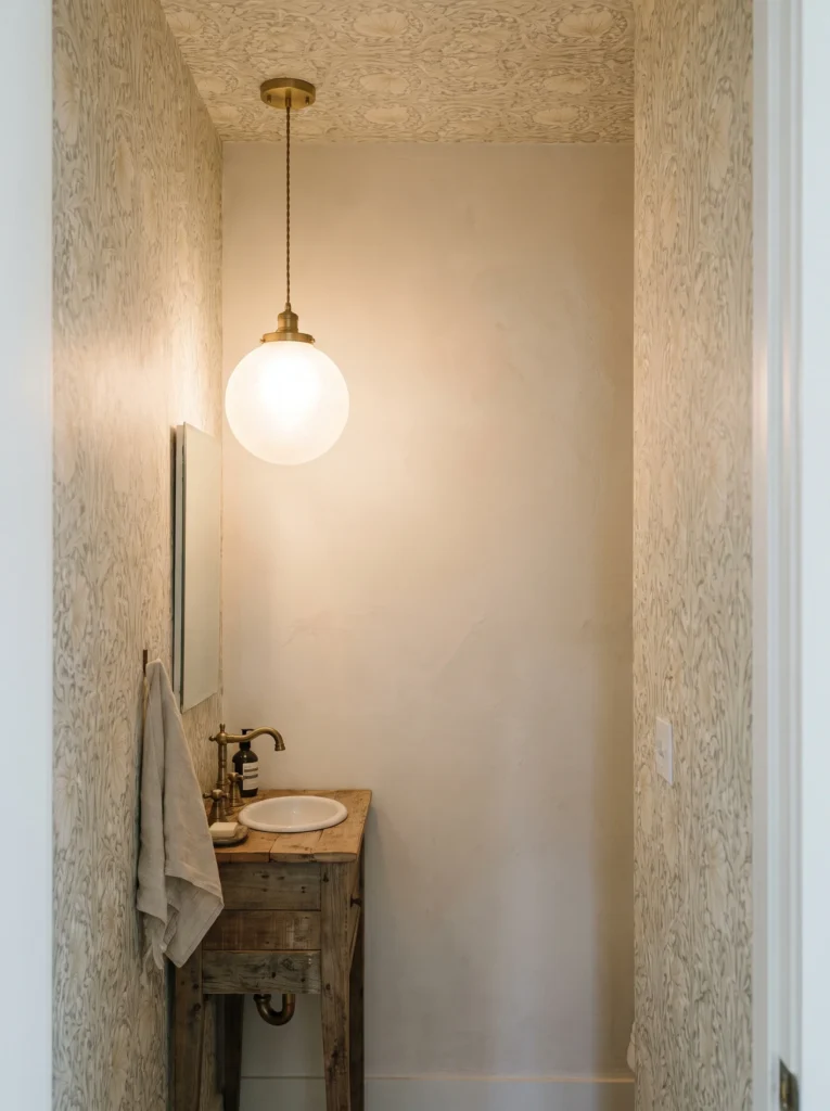 A narrow powder room wrapped in warm beige floral wallpaper across both the walls and the ceiling, lit by a frosted brass globe pendant, with a rustic reclaimed wood vanity and a vintage brass faucet