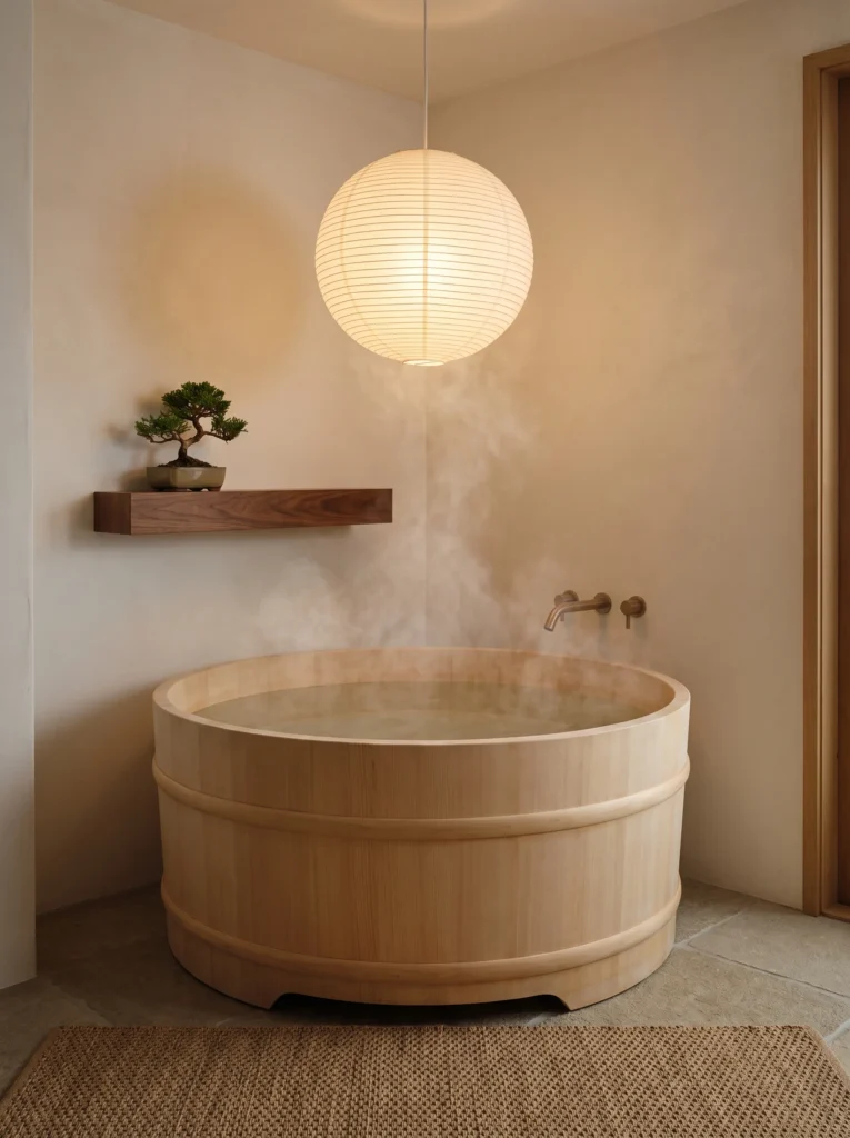 Blue grey bathroom with tall glass block window, bamboo folding screens, stone basin on steel stand and freestanding tub