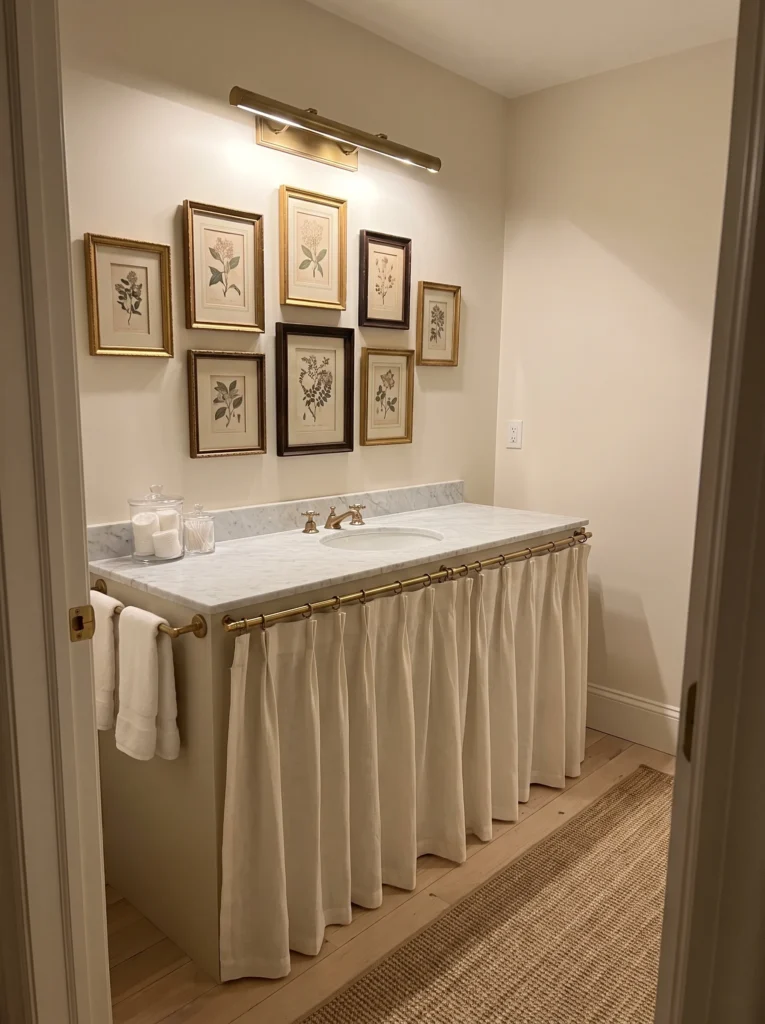 Nancy Meyers powder room with botanical prints in gold frames, marble vanity with pleated linen skirt, and brass picture light