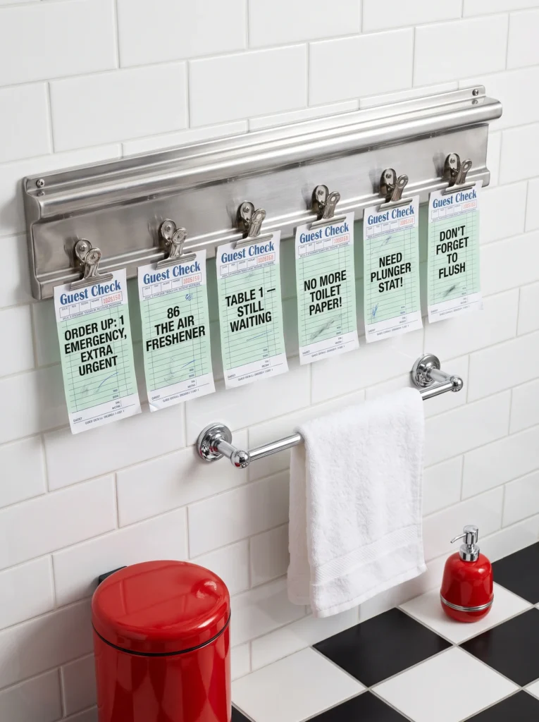  Stainless steel restaurant order ticket rail on white subway tile holding six green guest check slips with bathroom jokes written on them