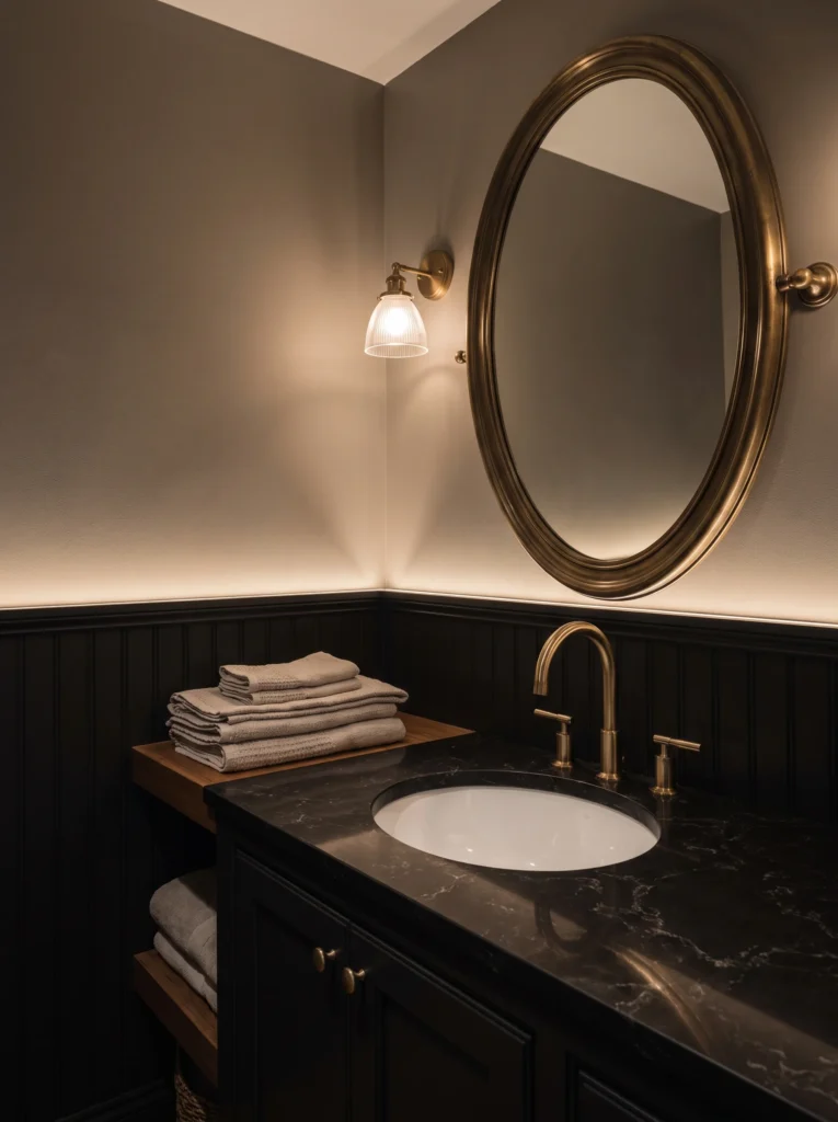 Dark powder room with black beadboard wainscot, brass oval mirror and dark marble countertop