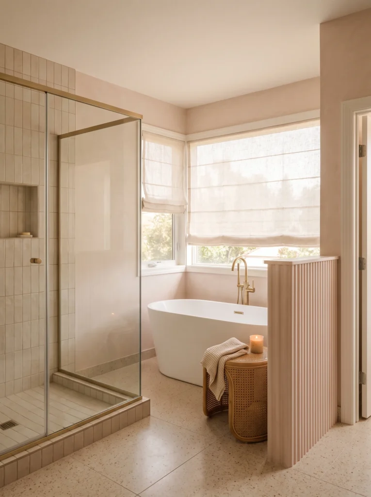 Blush pink master bathroom with brass framed corner shower, white freestanding tub under linen roman shades, and a fluted half wall