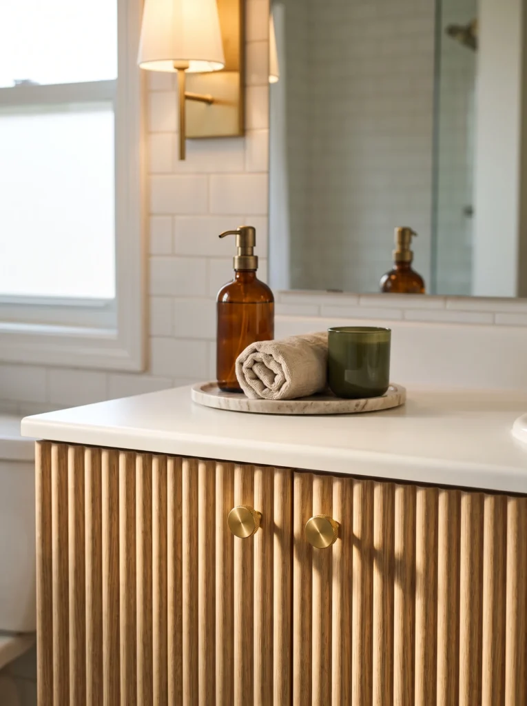 Close-up of a fluted oak vanity with round brass knurled knobs, cream stone counter, marble tray with rolled towel, amber soap dispenser, and green glass candle