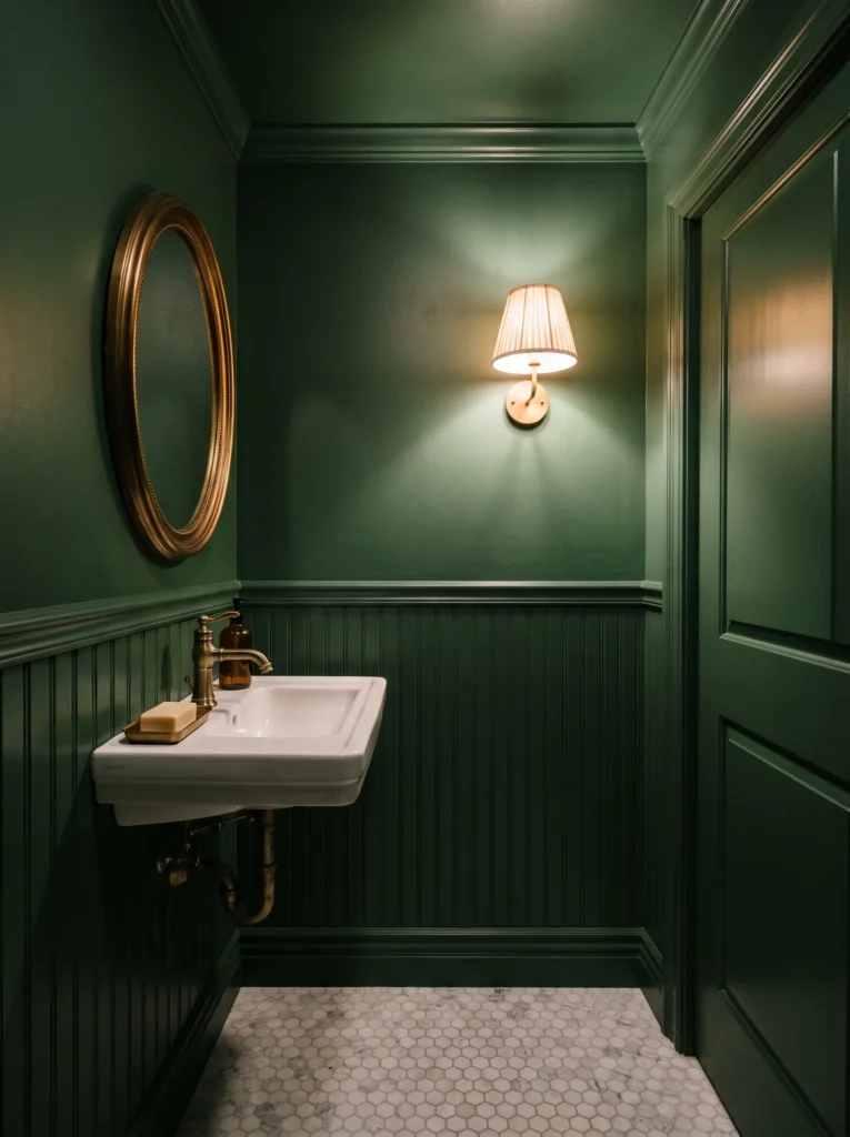  Dark green powder room with beadboard wainscoting, wall-mounted white sink, oval brass mirror, pleated sconce and marble hexagon floor tile