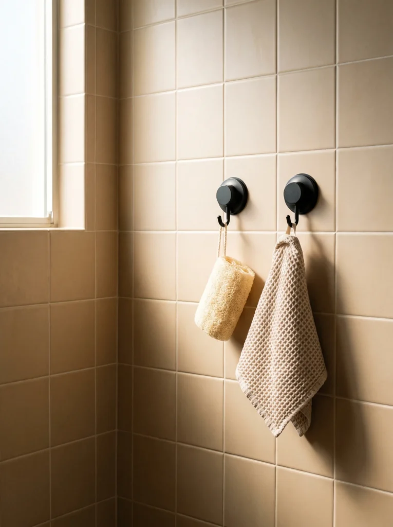 Two black suction cup hooks on beige square tile holding a loofah and a waffle hand towel near a frosted window