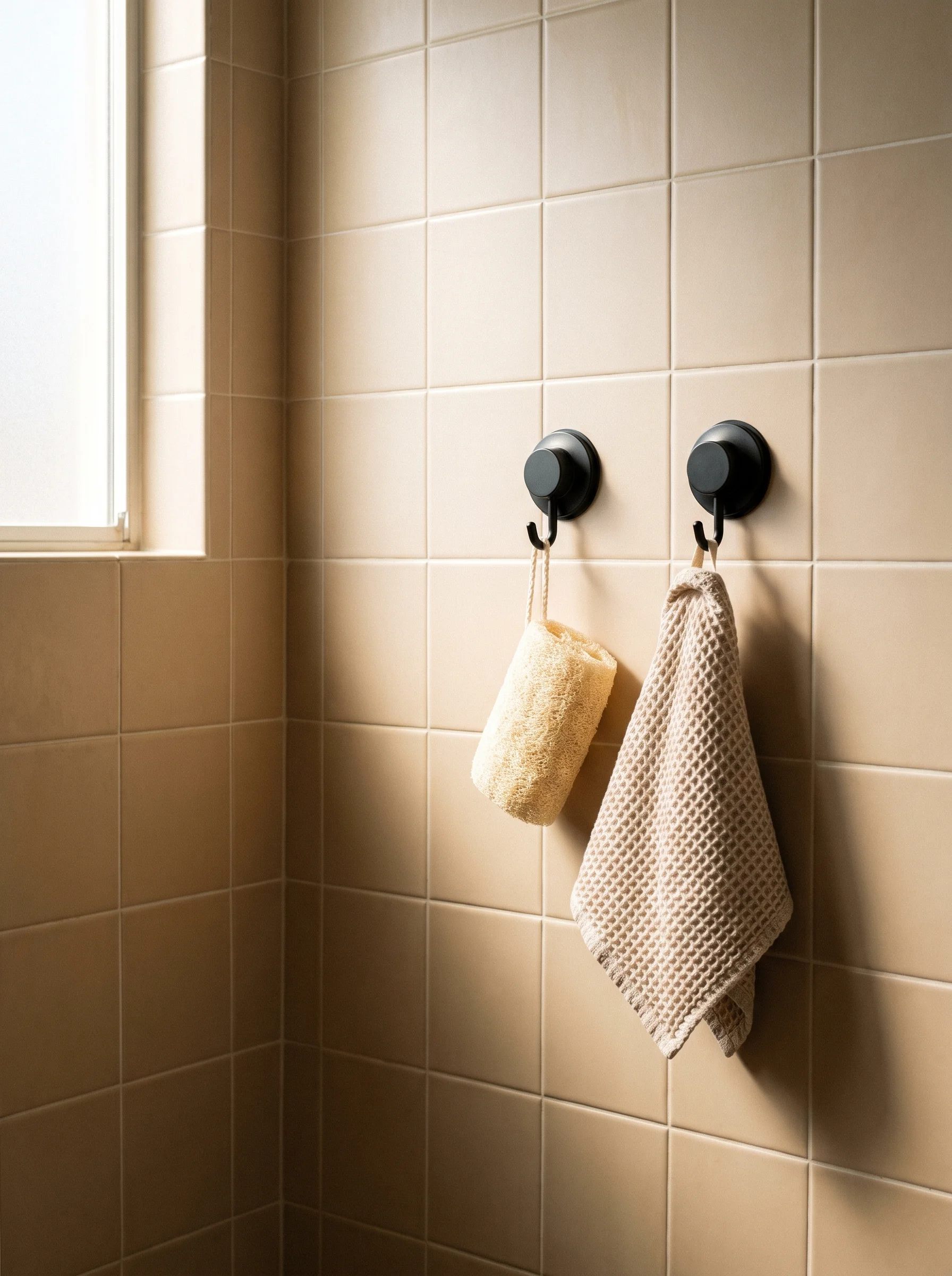 Two black suction cup hooks on beige square tile holding a loofah and a waffle hand towel near a frosted window