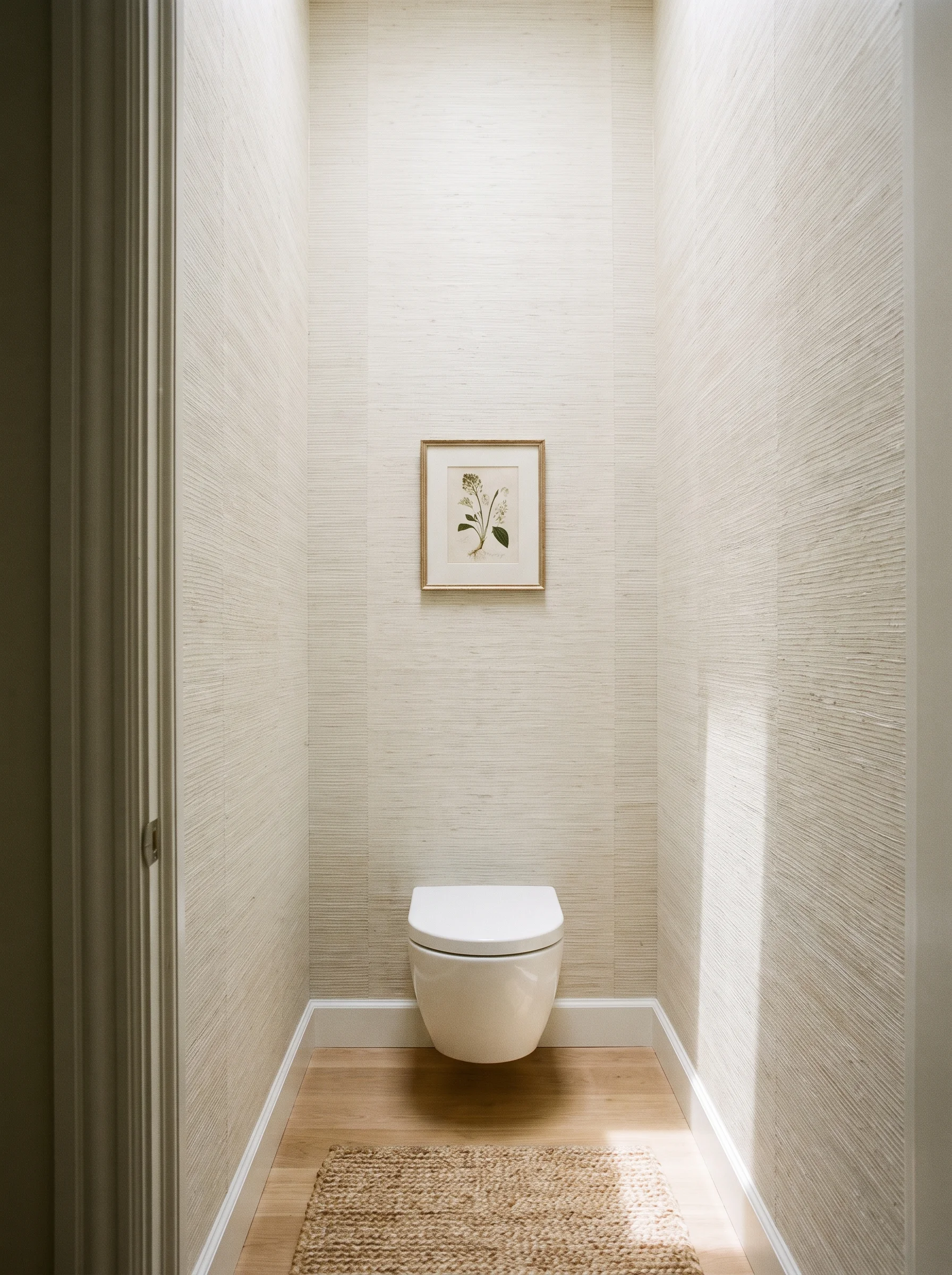 A slim toilet nook covered in cream textured grasscloth-look wallpaper, with a wall-hung white toilet, a small gold-framed botanical print, light wood floors, and a woven jute runner rug