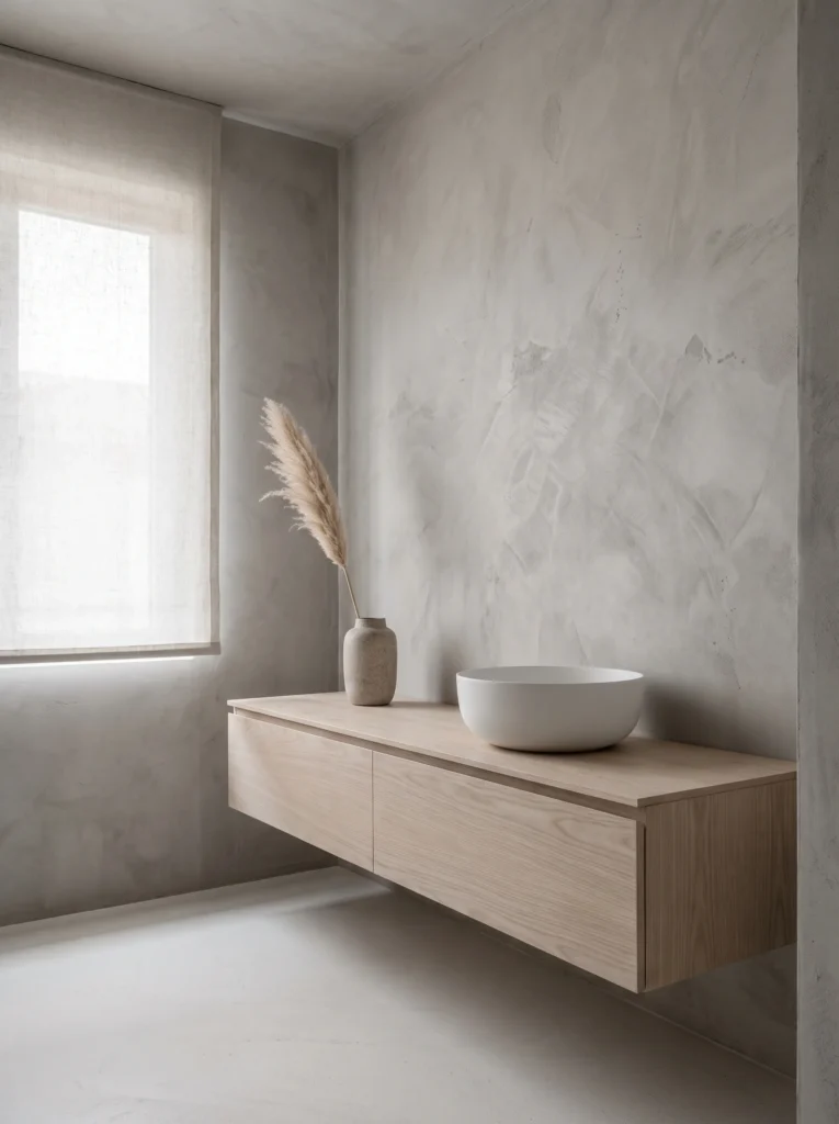 Pale green crackle glazed soaking tub in rustic bathroom with limewashed walls, wide plank wood floor and bath salts in ceramic bowl