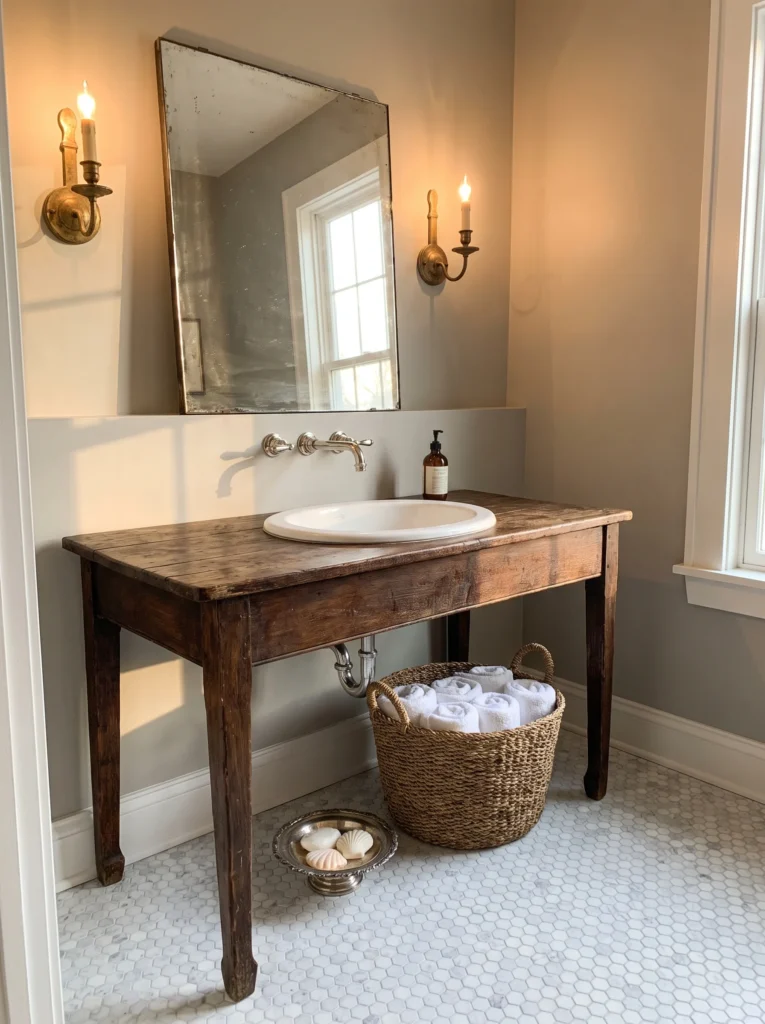 antique dark wood table used as a bathroom vanity with drop in sink, foxed mirror, and brass candle sconces