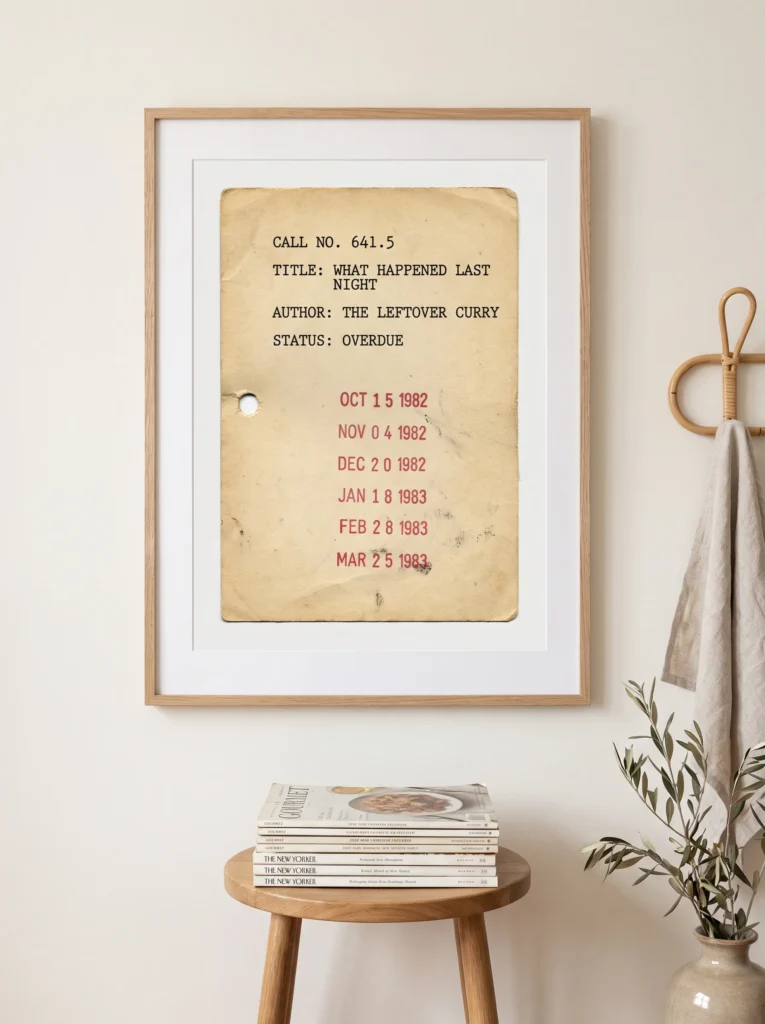 Oak framed vintage library due date card with red date stamps reading title what happened last night, author the leftover curry, status overdue