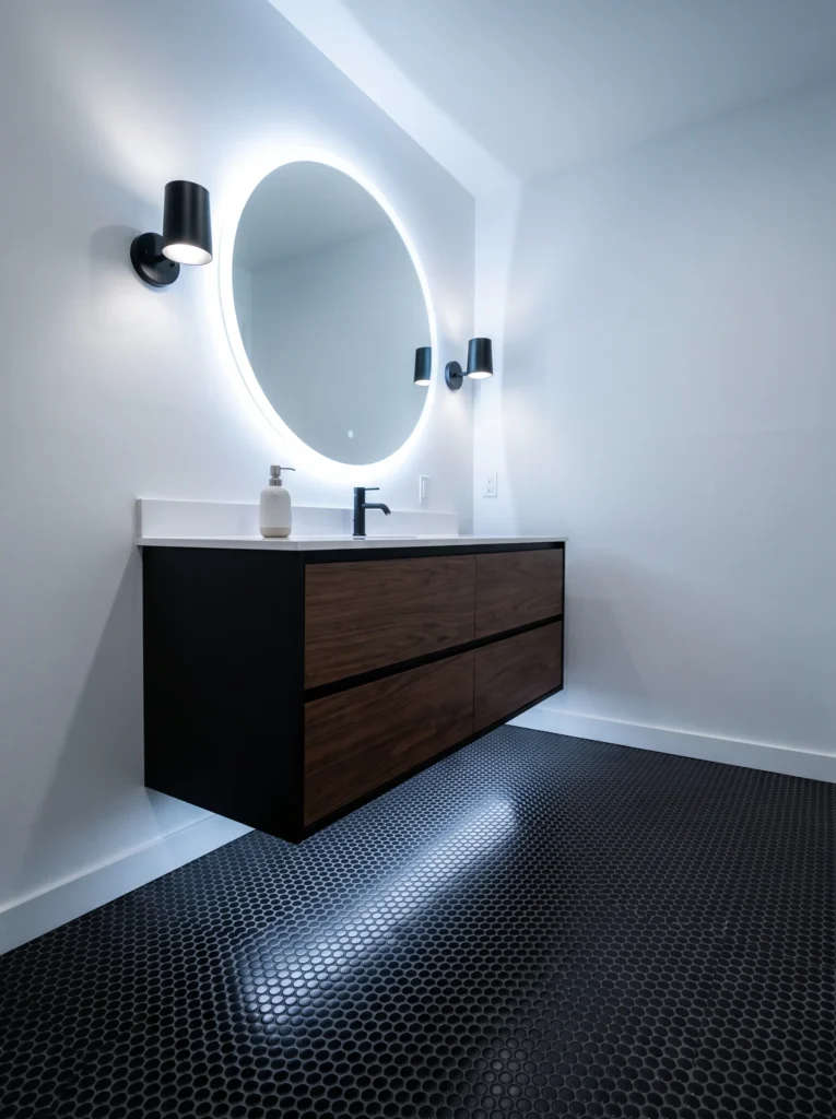 Backlit round LED mirror above a black and walnut floating vanity with black penny tile floor