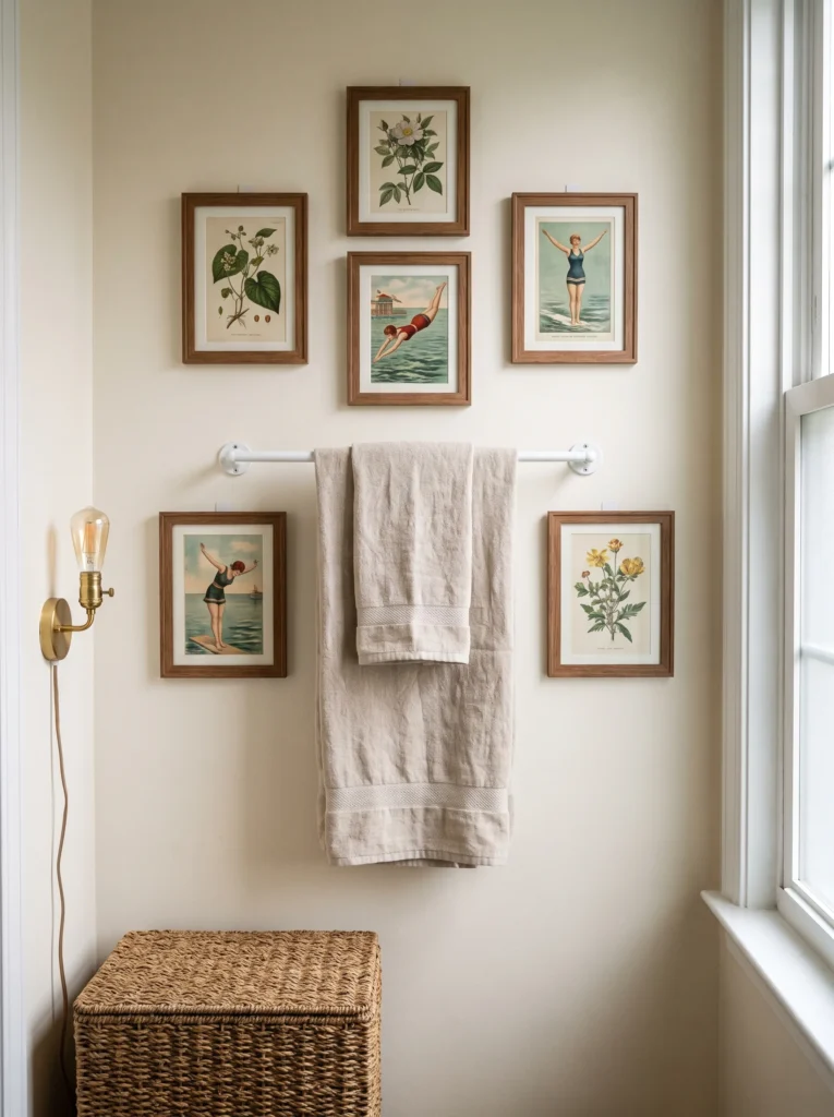  Six framed vintage botanical and bathing-suit prints arranged around a white towel bar, with a brass plug-in sconce and a woven laundry hamper below
