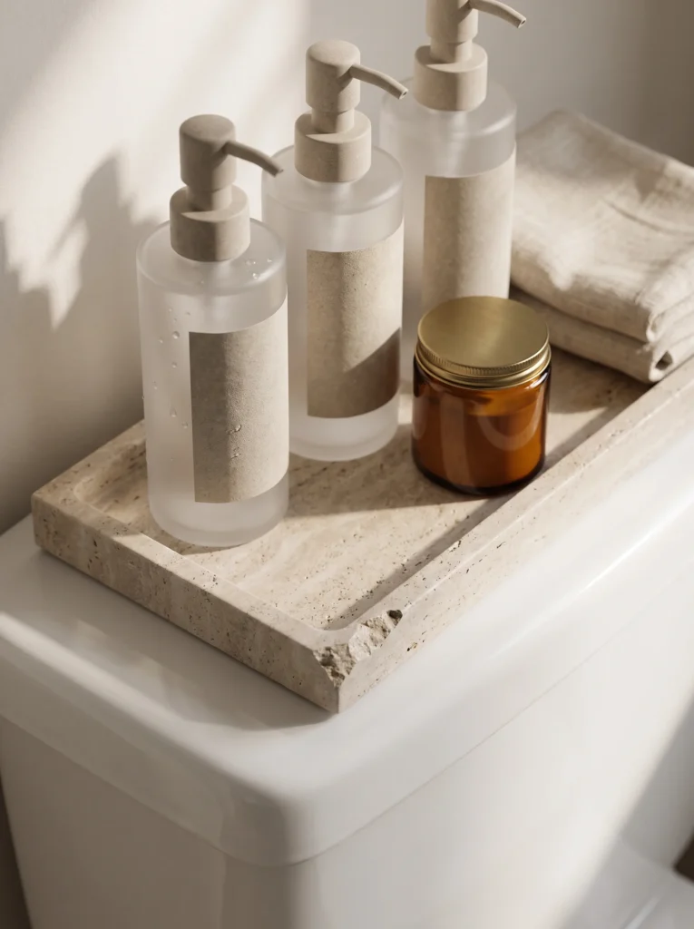 Travertine stone tray on a white toilet tank holding three frosted glass pump bottles and an amber jar with a brass lid
