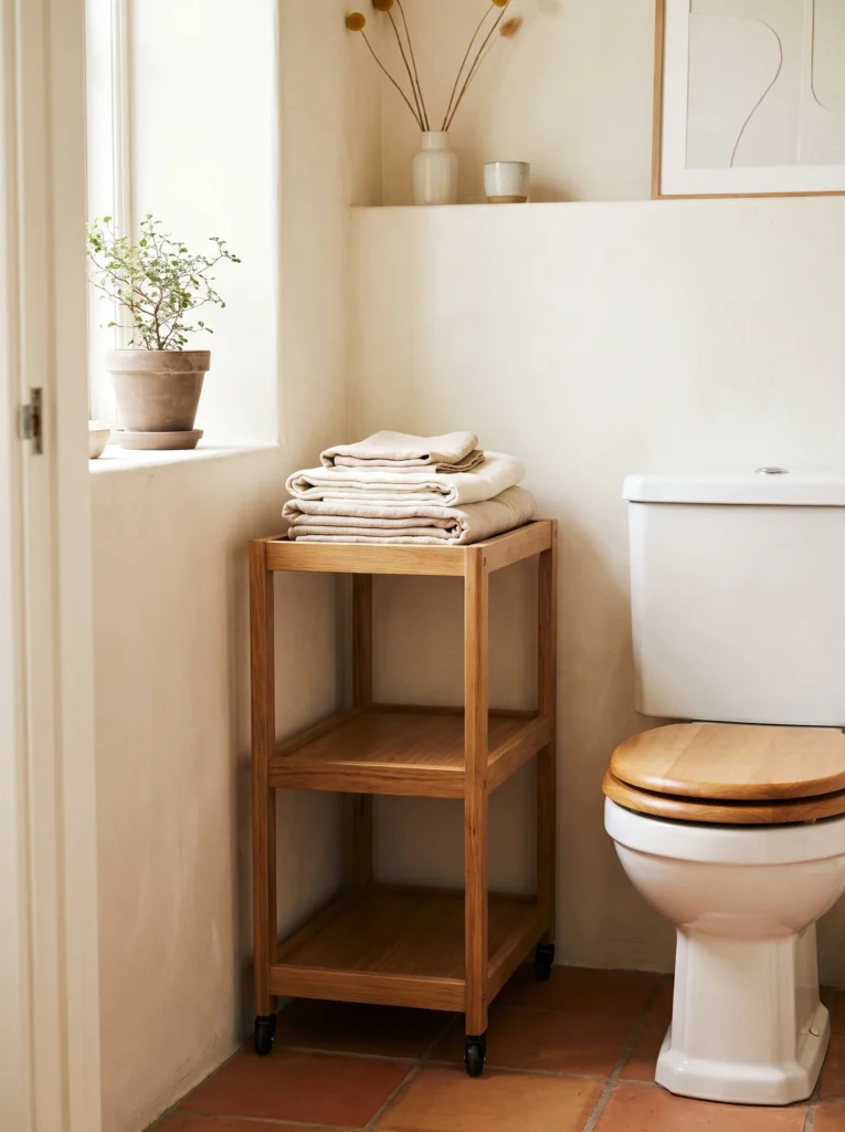 A narrow oak rolling cart with folded towels beside a white toilet in a cream plaster bathroom with terracotta tile floors