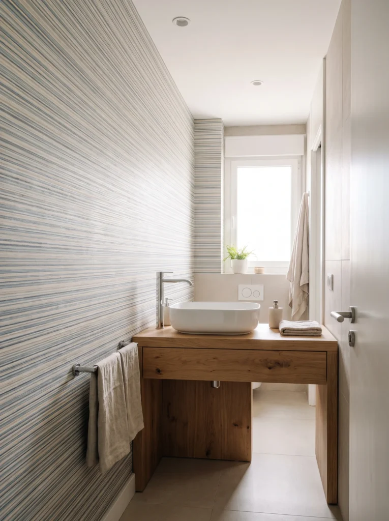 A narrow bathroom with blue and beige horizontal striped grasscloth-look wallpaper, a floating wood vanity, a rounded white vessel sink, a tall chrome faucet, and a small window with a plant at the back
