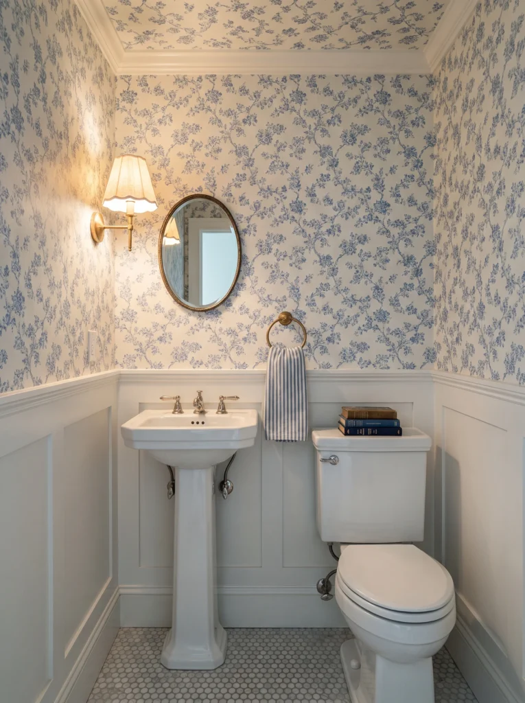 small powder room with blue and white floral wallpaper on walls and ceiling, pedestal sink, and white wainscoting