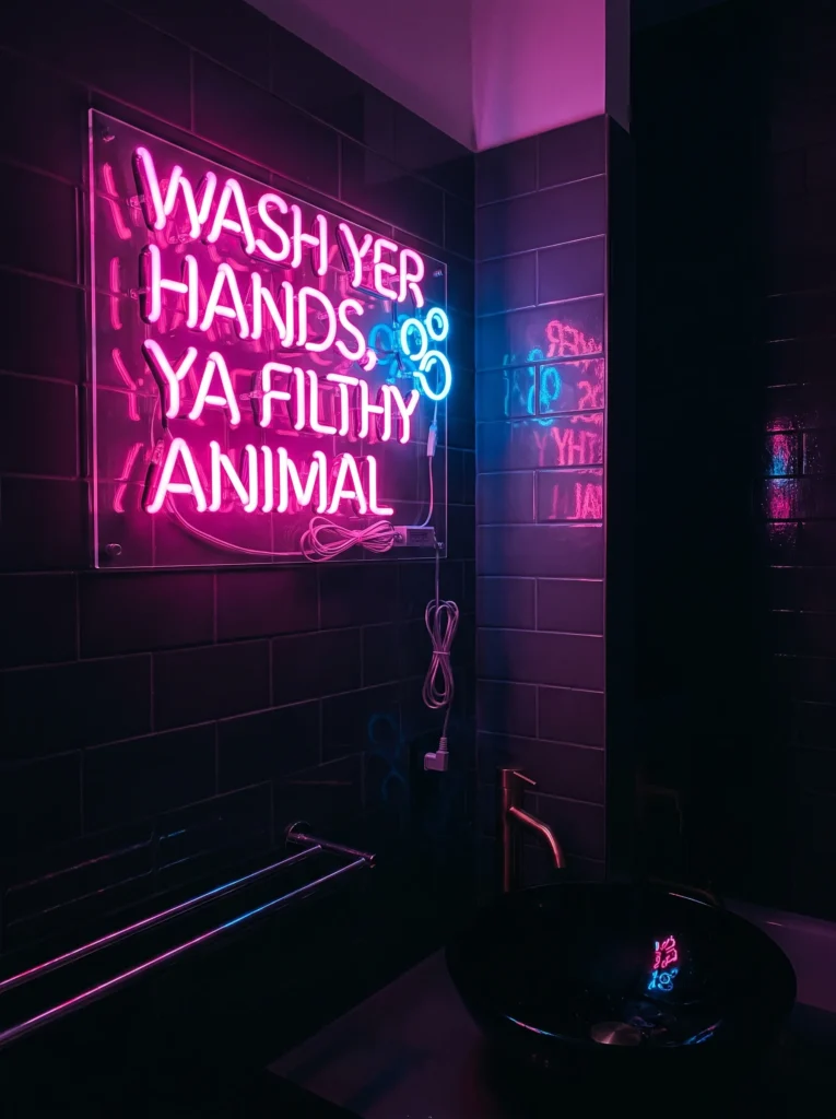 Pink and blue LED neon sign on black glossy subway tile reading wash yer hands ya filthy animal above a black vessel sink