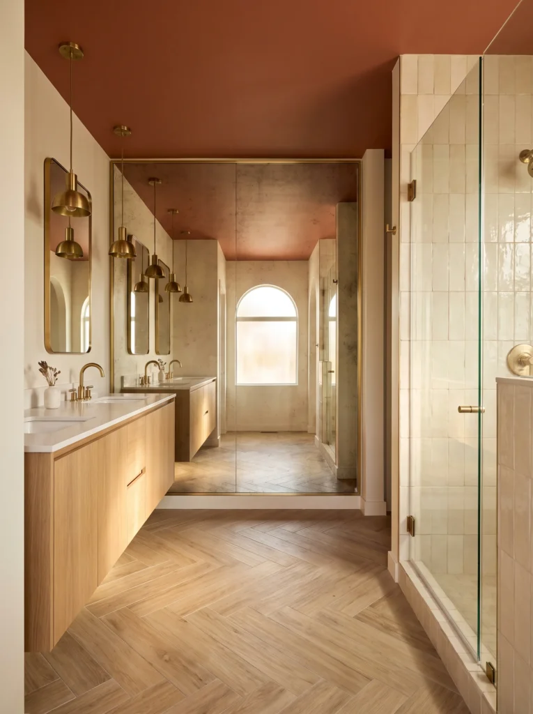 Long narrow master bathroom with terracotta painted ceiling, floating oak double vanity, brass pendants, and a full mirrored end wall