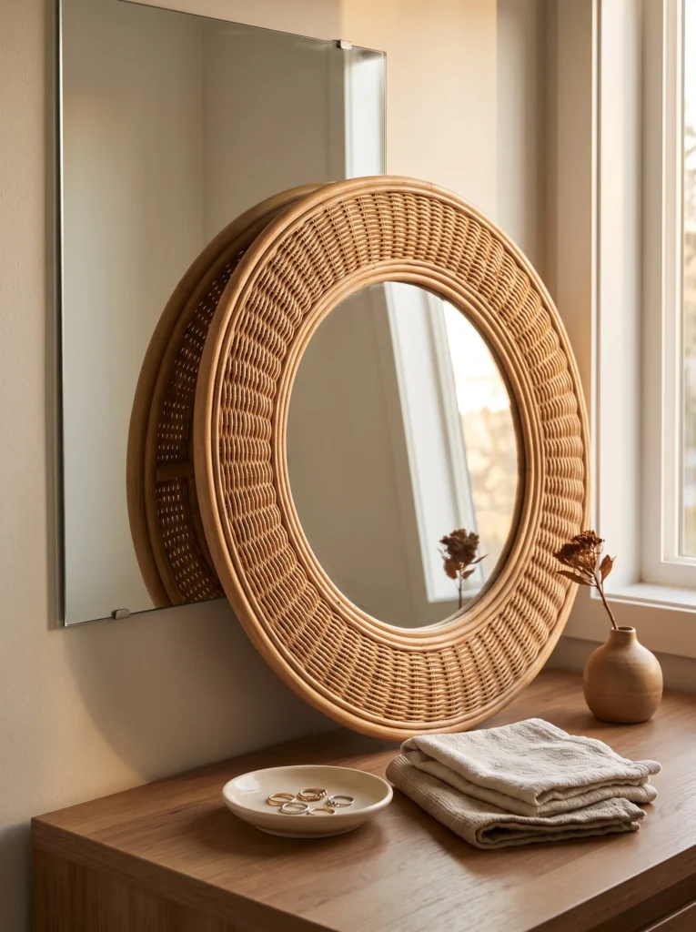 Round rattan woven mirror hung over a plain rectangular medicine cabinet, with a wood counter, ceramic ring dish, folded linen towels, and dried flowers in a small vase