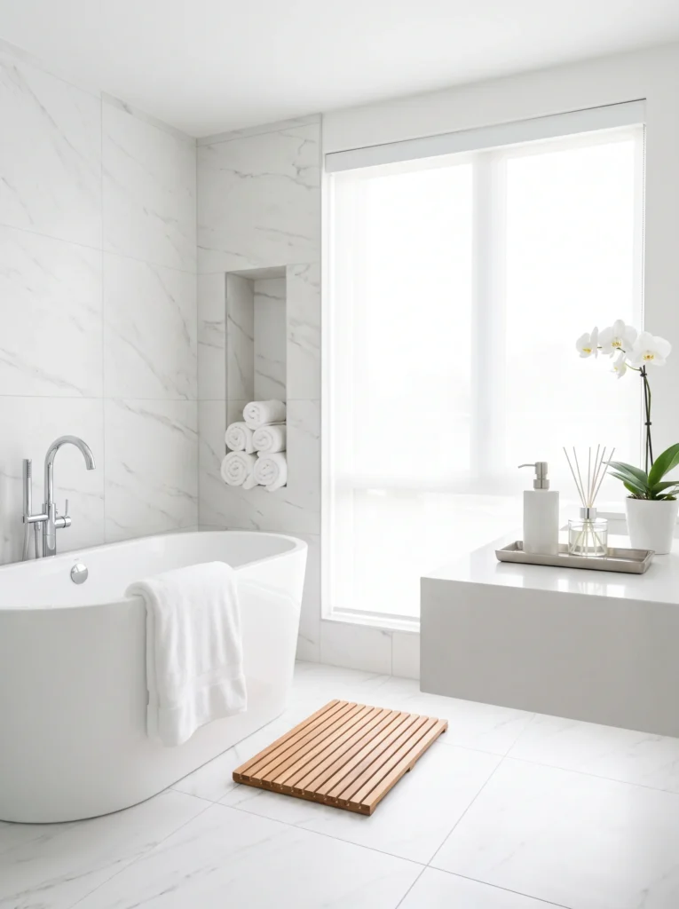 Bright white marble bathroom with freestanding oval tub, chrome floor-mounted filler, rolled towels in a wall niche and a teak slat bath mat