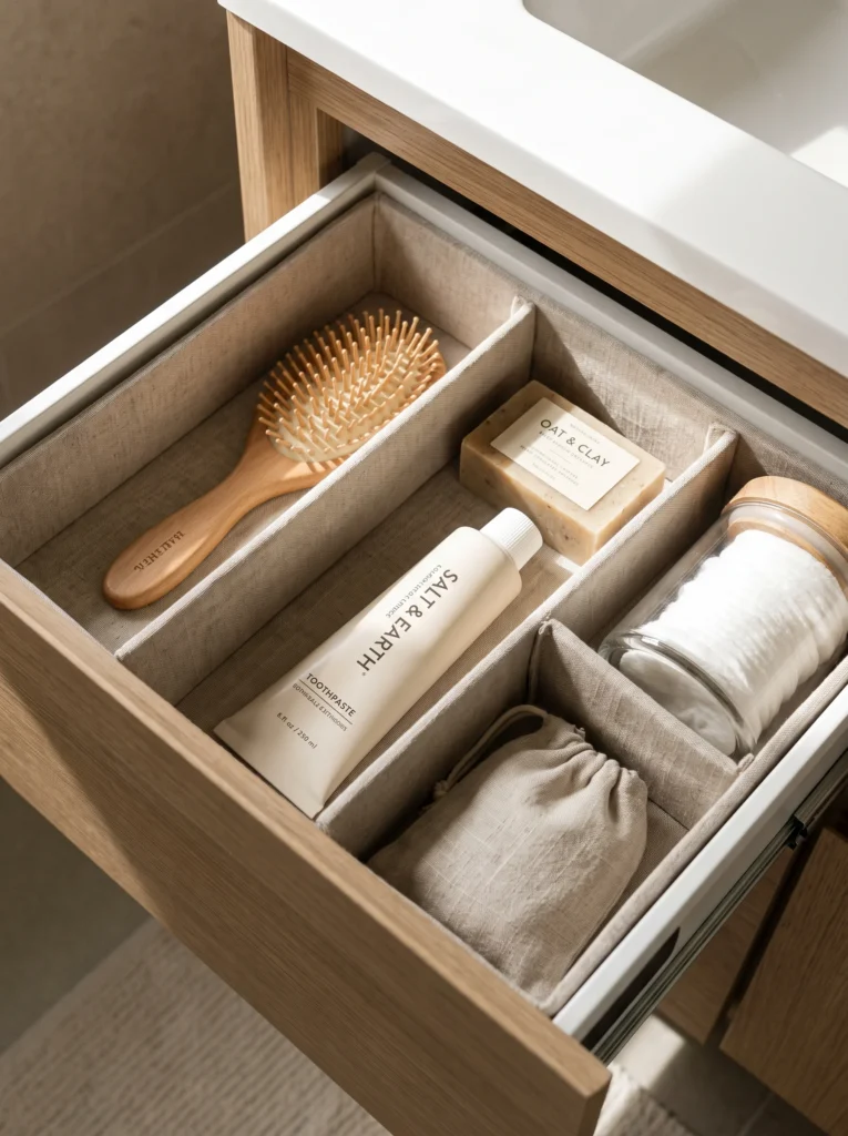 An open oak vanity drawer fitted with linen bins holding a wooden hairbrush, a soap bar, a toothpaste tube, a glass jar of cotton pads, and a drawstring pouch