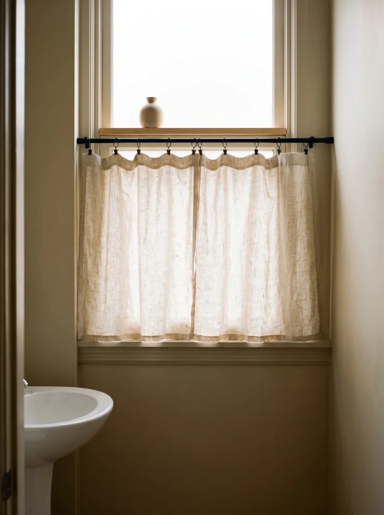 Small bathroom window with a sheer natural linen cafe curtain on a black rod with clip rings, a wood sill and a small cream bud vase