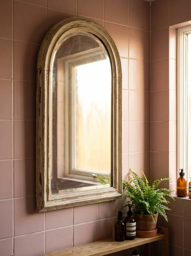 Pink square wall tile with a distressed cream arched mirror, a wooden shelf holding amber bottles and a fern