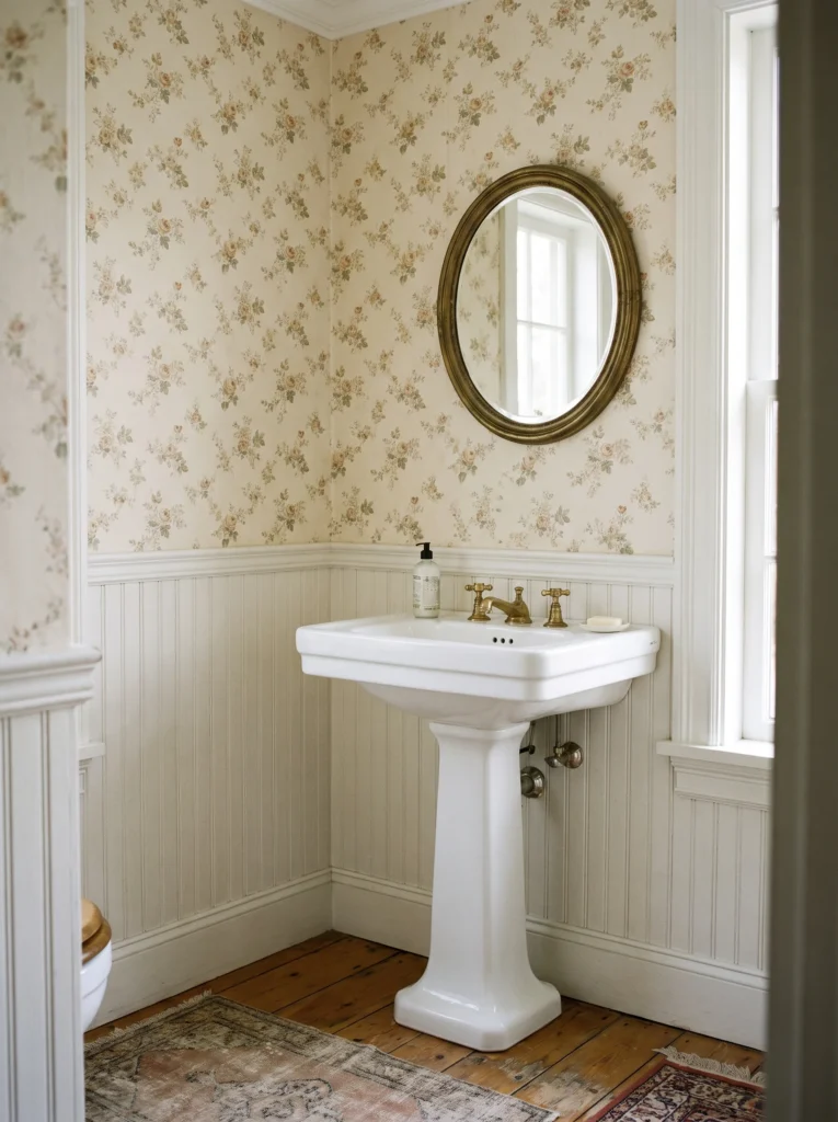 A cottage-style powder room with cream rose floral wallpaper on the upper wall, white beadboard wainscoting below, a white pedestal sink, a brass cross-handle faucet, and an oval brass mirror