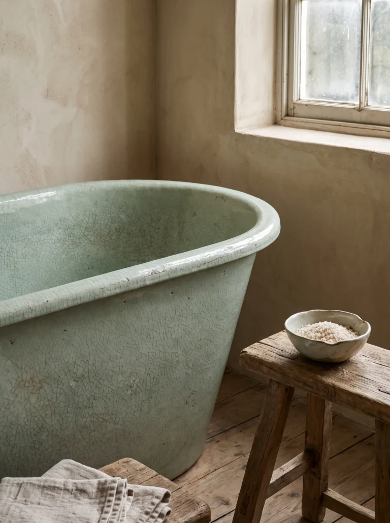 Dark walnut slatted wall bathroom with three glowing paper lanterns, concrete soaking tub and origami crane on floating shelf