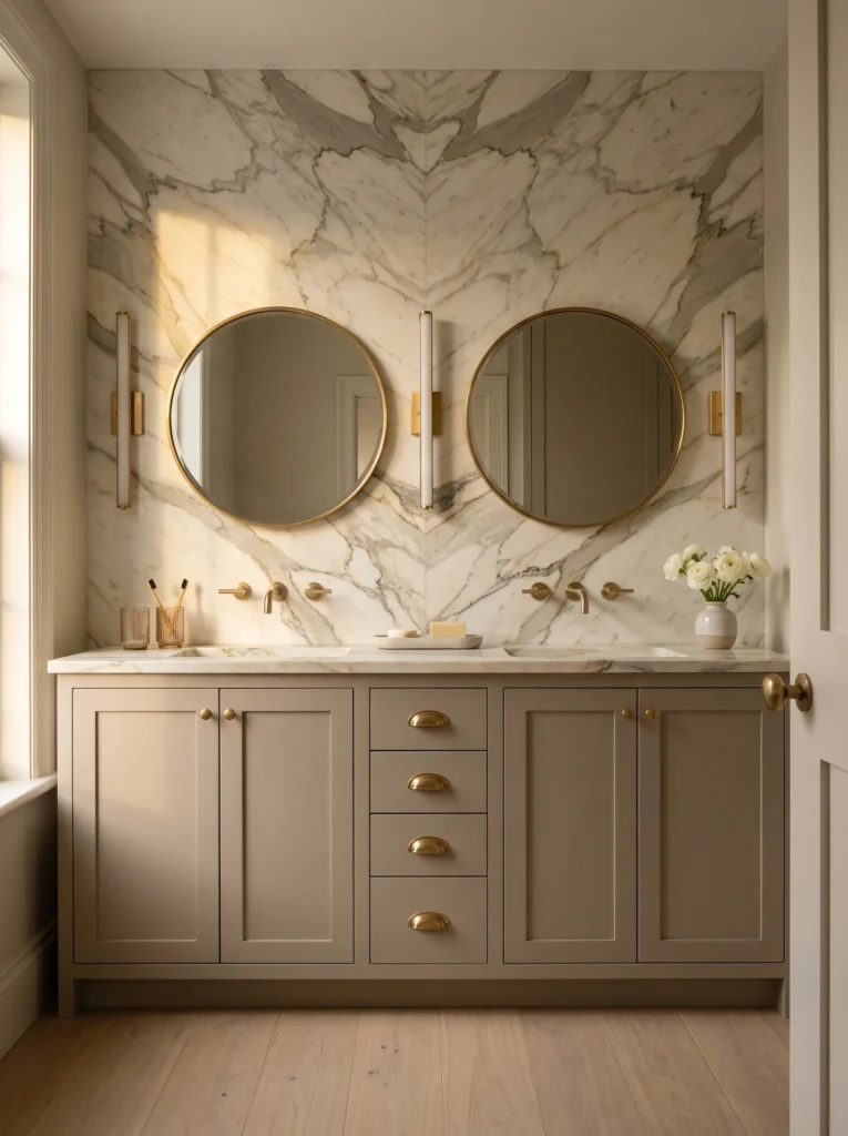 Nancy Meyers double vanity with bookmatched marble slab wall, two round brass mirrors, and taupe shaker cabinets