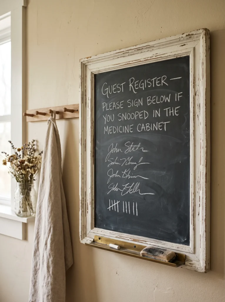 Chippy white framed chalkboard on a cream plaster wall reading guest register please sign below if you snooped in the medicine cabinet with signatures and tally mark