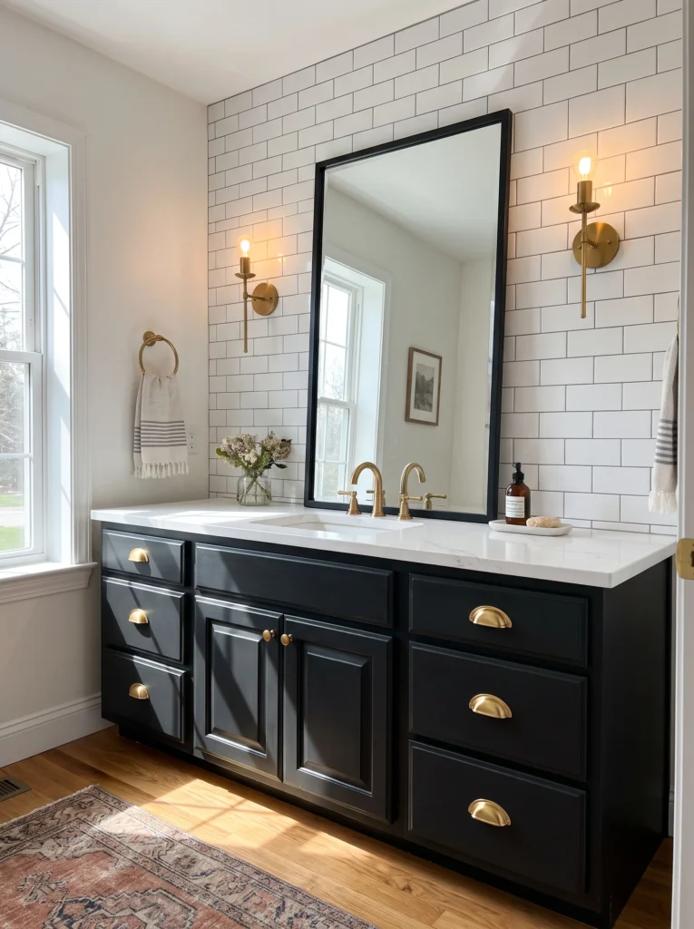 White subway tile with dark grout above a black vanity with brass cup pulls and a black framed mirror