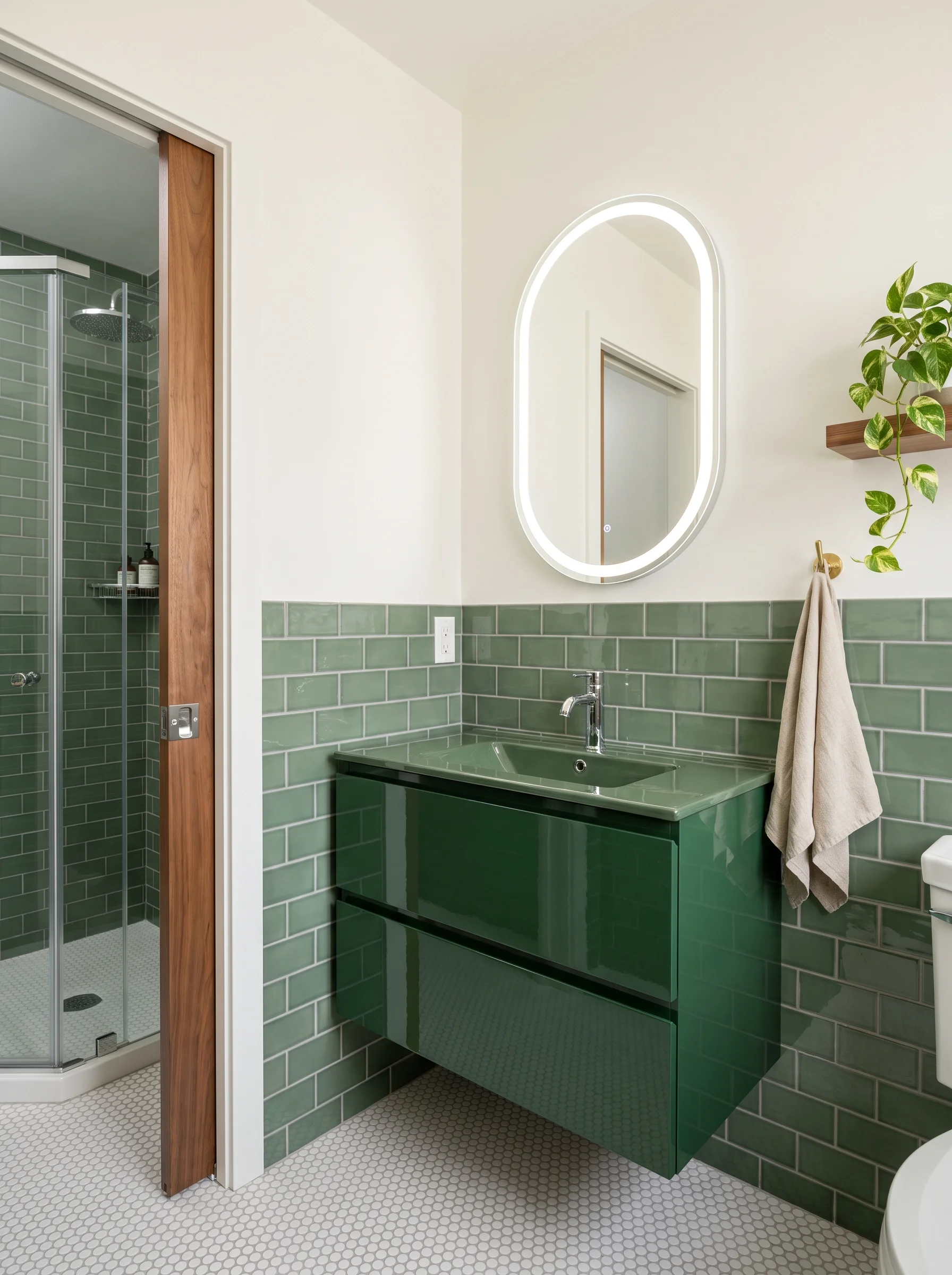 Compact master bathroom with glossy green subway tile, emerald floating vanity, oval LED mirror, walnut pocket door, and penny round floor tile